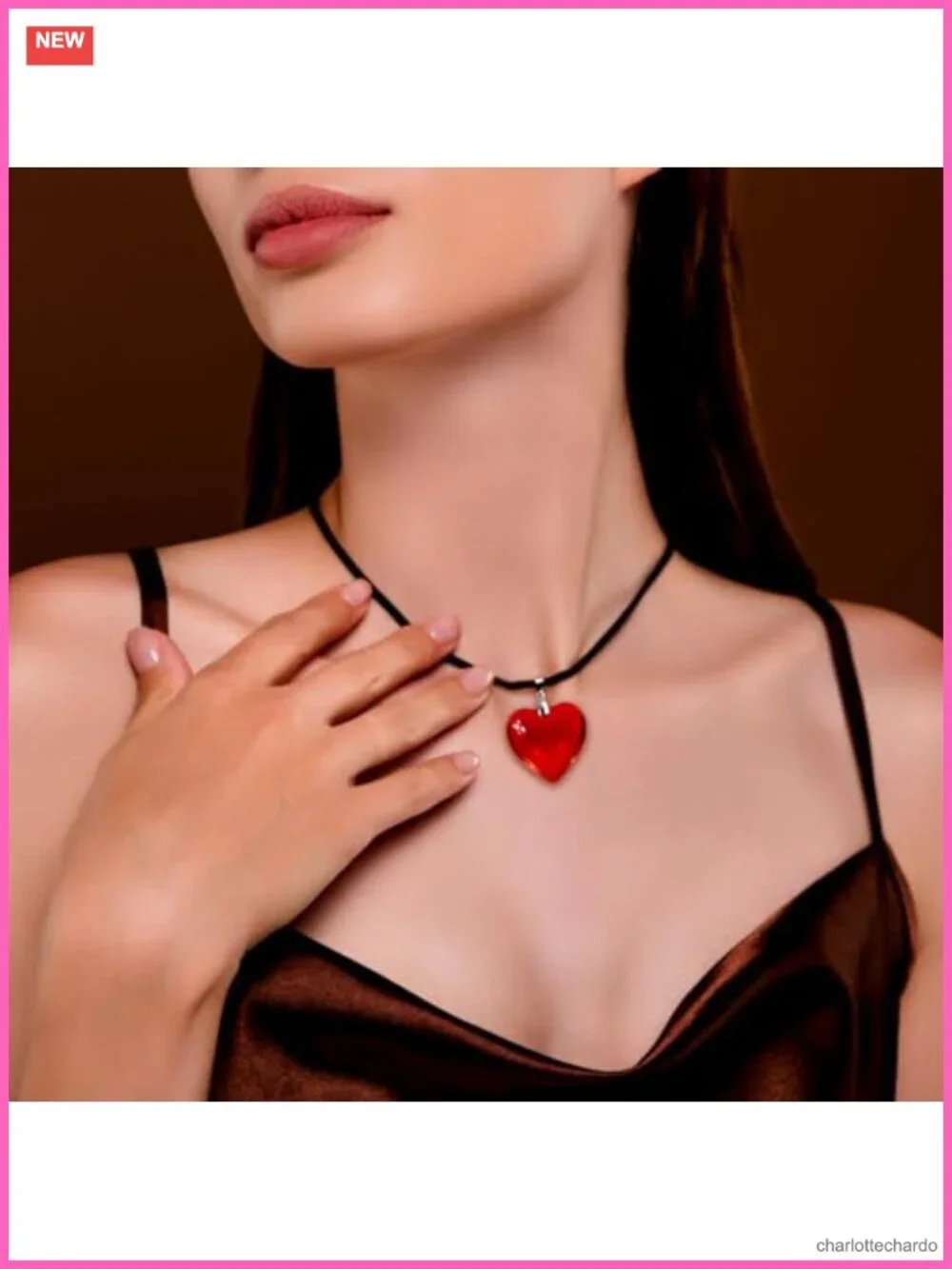 Waxed Cord Choker Necklace with Glass Heart Pendant Retro Y2K Jewelry